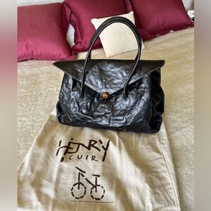 Henry Cuir x Barneys Black Leather Tote Satchel Hand Stitched Italy Large Bag